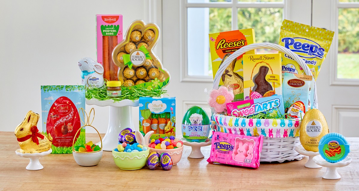 Easter candy & treats from pOpshelf: Reese's bunny, Ferrero Rocher bunny gift, Peeps, Lindt Gold Bunny & bagged candy, Russell Stover chocolate bunny, and more,
