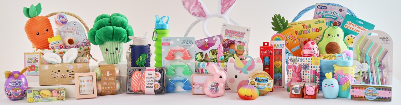 Cool Easter basket stuffers for all ages from pOpshelf: veggie plush, bunny ears spa headband, bath fizzers, toys, squishies, books & more.