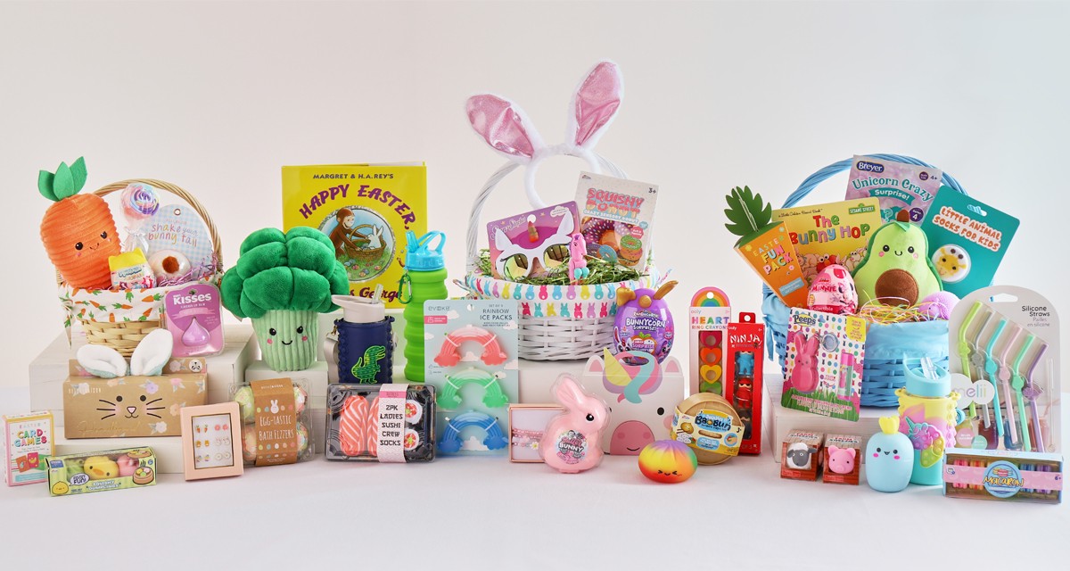 Cool Easter basket stuffers for all ages from pOpshelf: veggie plush, bunny ears spa headband, bath fizzers, toys, squishies, books & more.