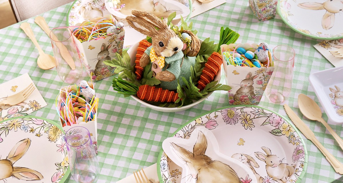 Easter gingham party supplies from pOpshelf: bunny-shaped plates, treat bags, bunny-themed large oval and round paper party plates & more.