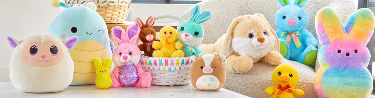 Plush duckies, bunnies, Squishmallws, and plush peeps in various sizes, colors, and designs from pOpshelf.