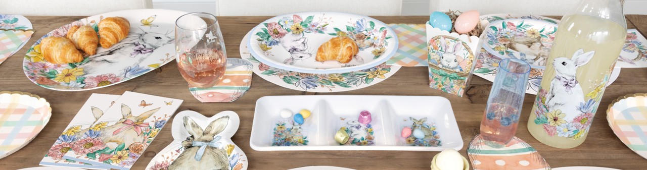 Easter vintage bunny party supplies from pOpshelf: bunny-shaped plates, treat boxes, bunny-themed large oval and round paper party plates & more.