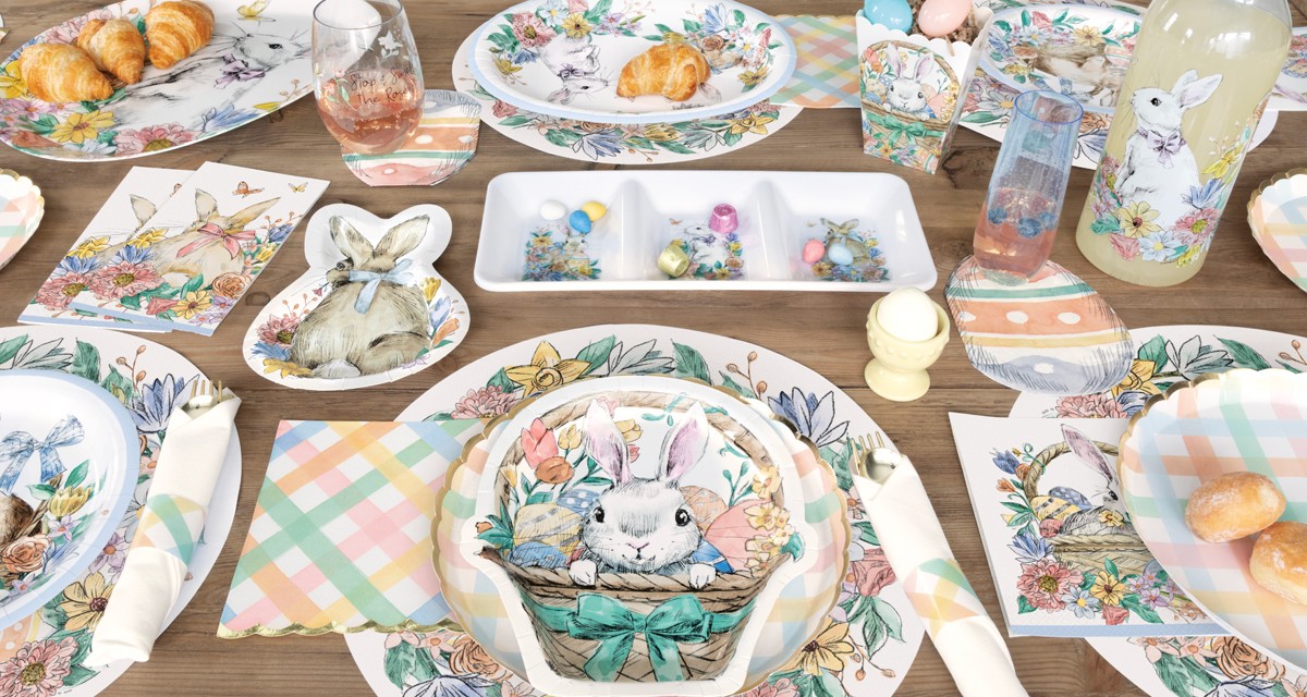 Easter vintage bunny party supplies from pOpshelf: bunny-shaped plates, treat boxes, bunny-themed large oval and round paper party plates & more.