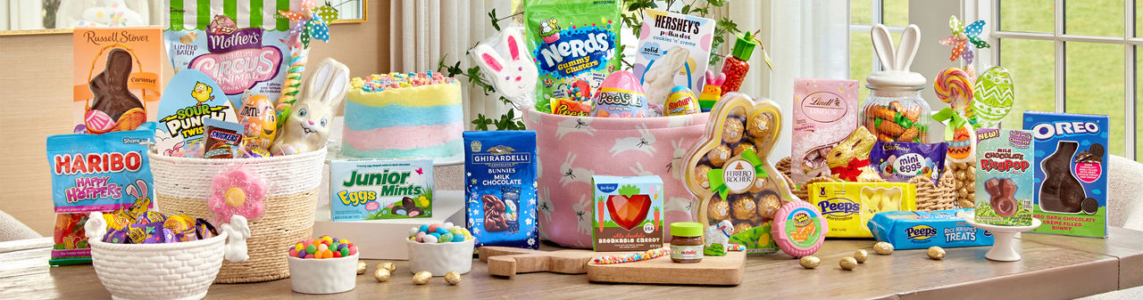 Easter candy & treats from pOpshelf: Ferrero Rocher bunny gift, Peeps, Russel Stover Bunny, cotton candy cake & bagged candy, and more.