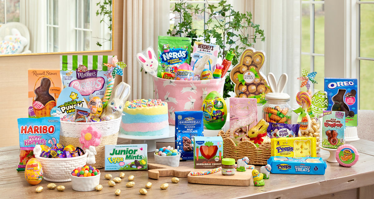 Easter candy & treats from pOpshelf: Ferrero Rocher bunny gift, Peeps, Russel Stover Bunny, cotton candy cake & bagged candy, and more.