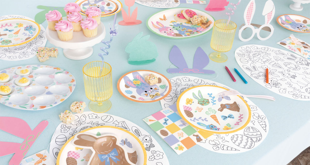 Easter party supplies from pOpshelf: coloring book style placemats, bunny-shaped plates, bunny-themed round paper party plates, bunny ear glasses, egg plate & more.