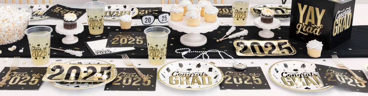 2025 graduation party table with grad plates, napkins, cups, decorations, balloons & more from pOpshelf.