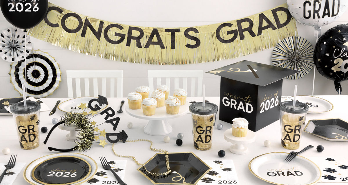 2025 graduation party table with grad plates, napkins, cups, decorations, balloons & more from pOpshelf.