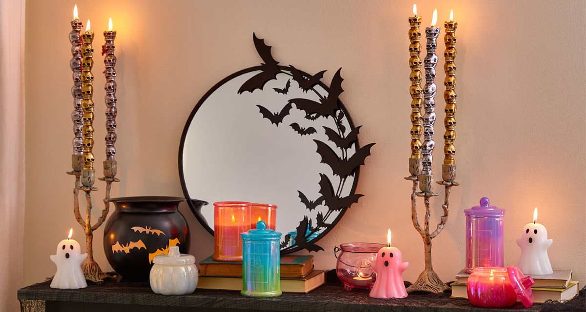 Cute ghost-shaped candles, skull taper candles, spooky candelabra, colorful jar candles & more from pOpshelf.