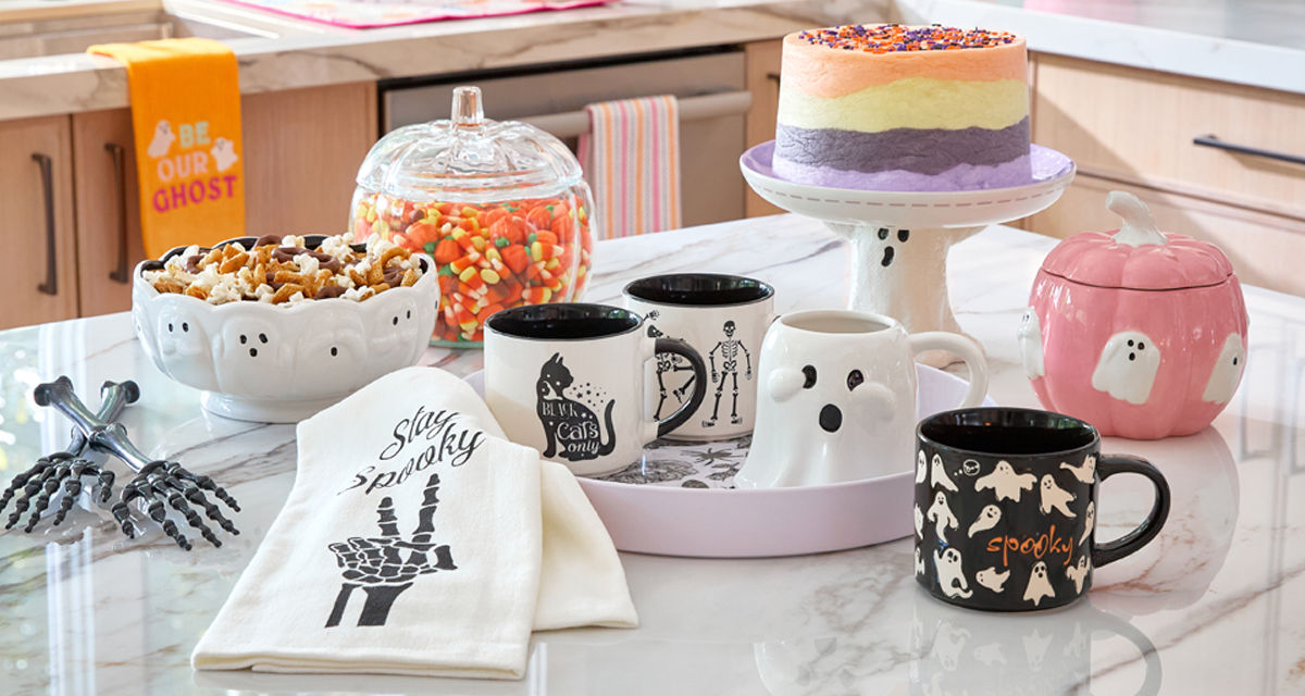 Halloween kitchen and houseware from pOpshelf: kitchen towels, ghost cake plate, pink ghost and pumpkin canister, Halloween mugs & more. essentials: spider web placemats and table runner, ghost sale & pepper shakers, web serving bowl & more.