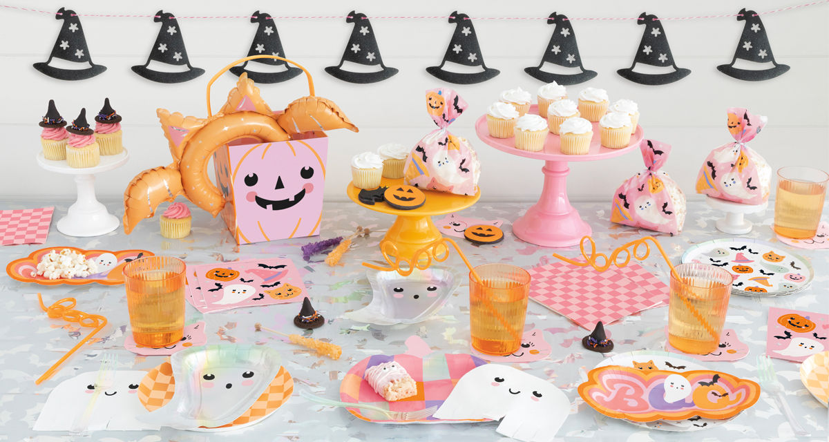 Halloween pastel party supplies with black accents: ghosts, witches hats, jack-o-lanterns, bats & more..