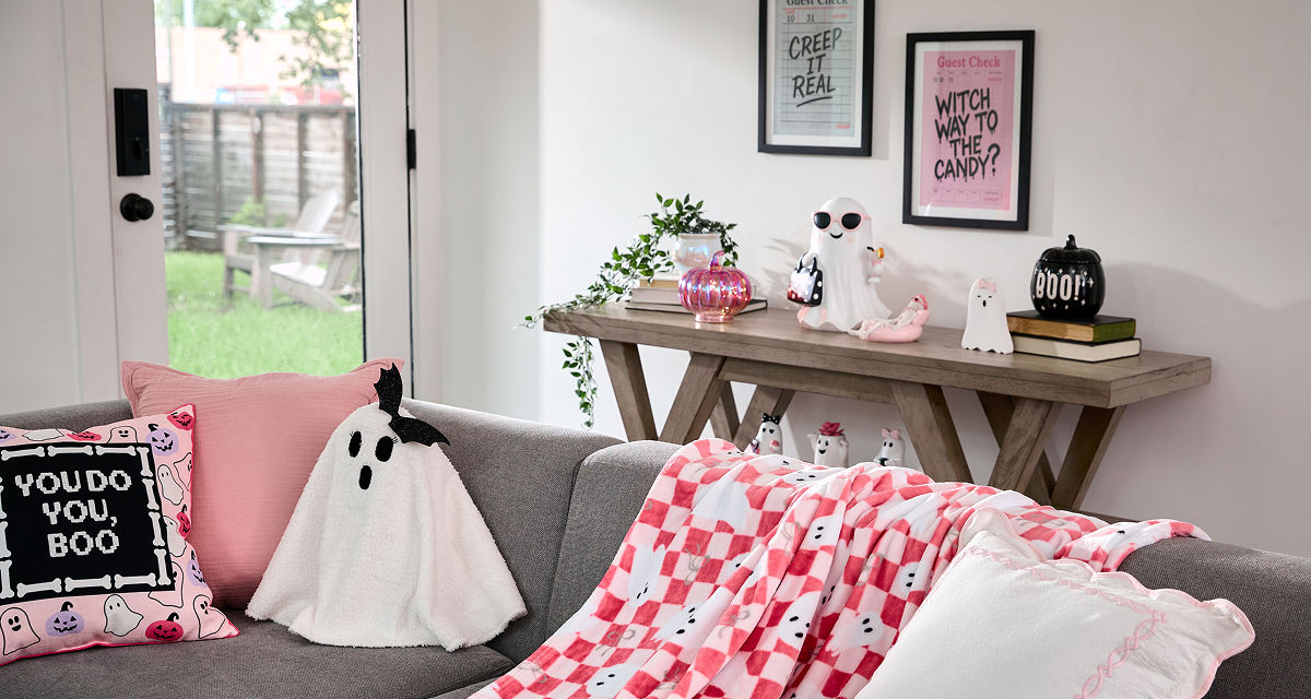 Livingroom decorated for summerween with pOpshelf's spooky-fun bootiful collection.