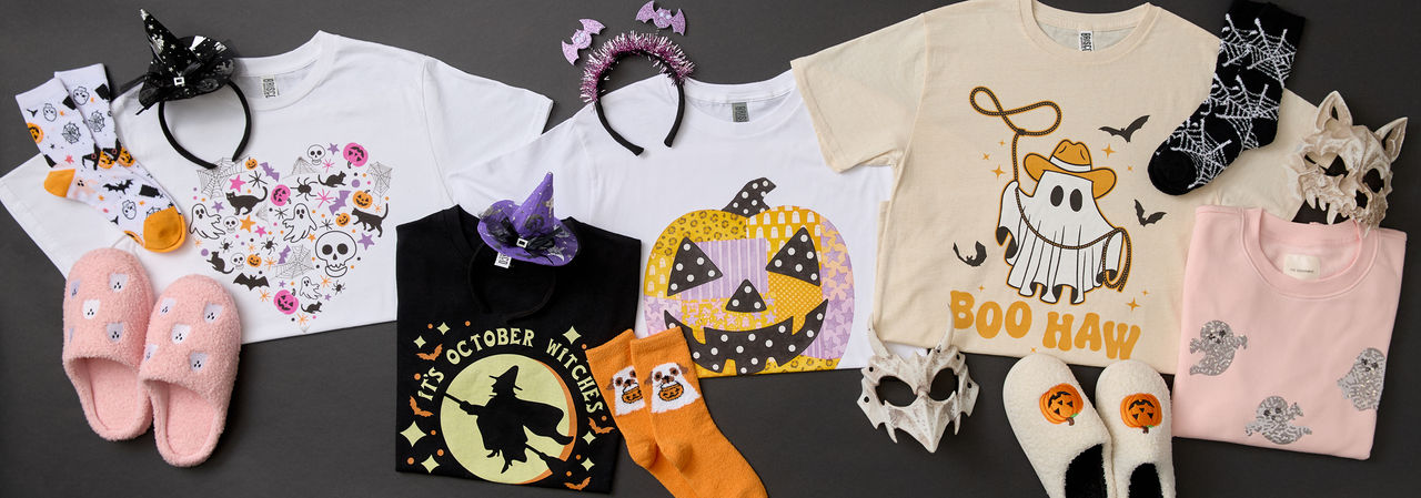 Halloween t-shirts, sweatshirts, costume accessories socks, slippers, and jewelry from pOpshelf.
