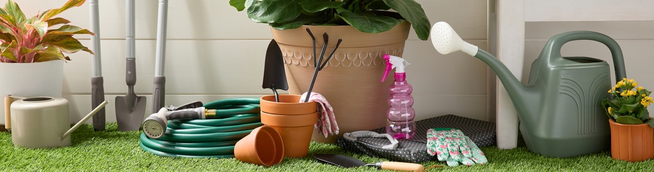 Gardening tools, gloves, gardening accessories, water cans, and hose attachements from pOpshelf