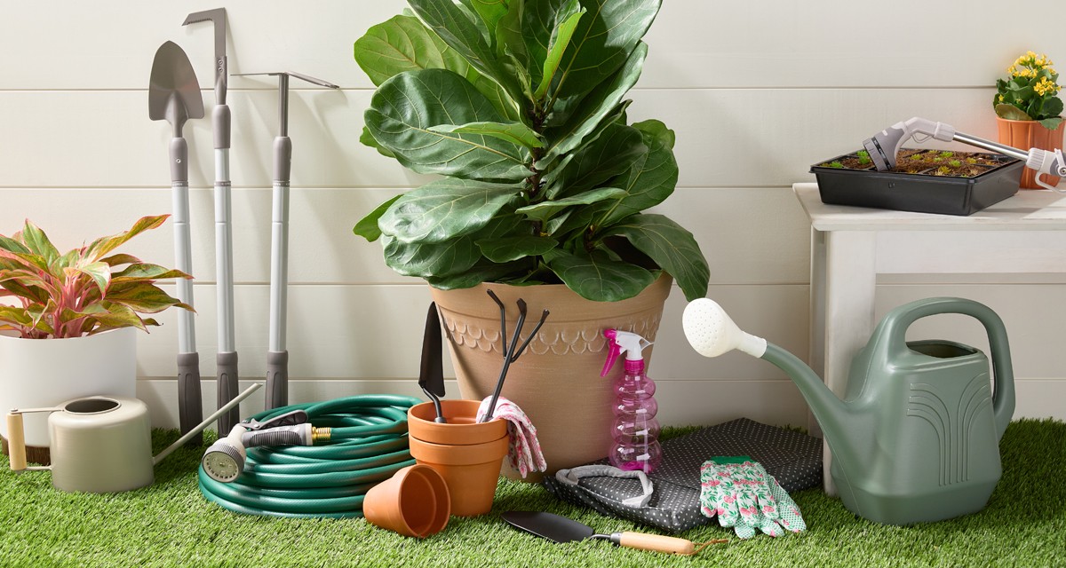 Gardening tools, gloves, gardening accessories, water cans, and hose attachements from pOpshelf