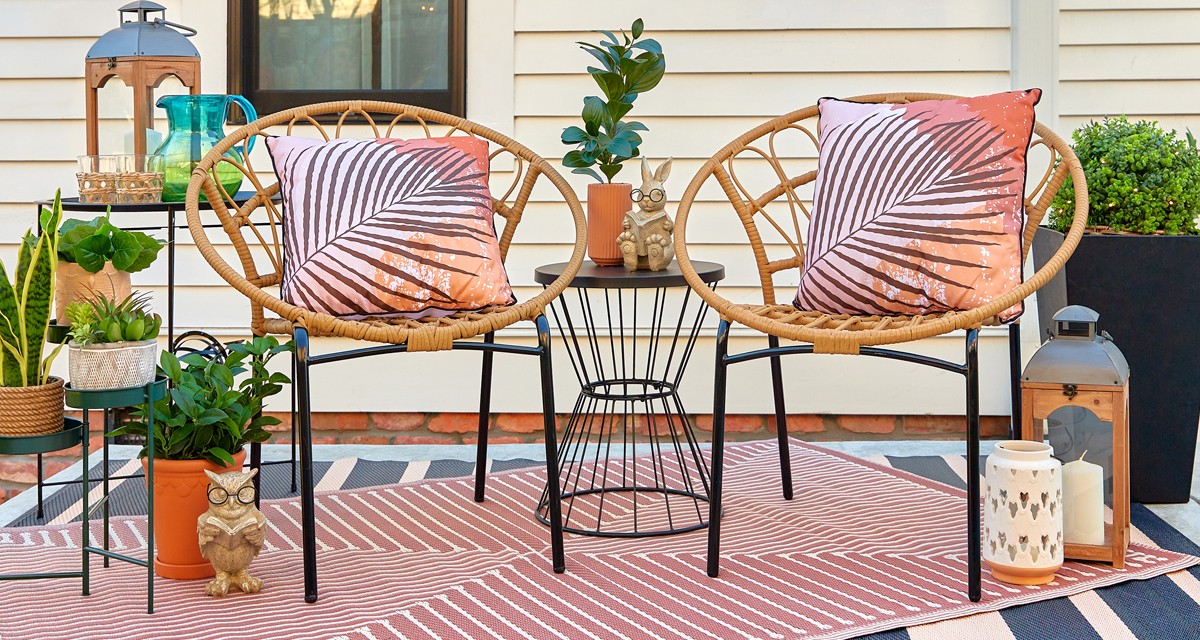 Backyard with outdoor patio furniture and chairs, outdoor rugs & pillows, and garden & patio decor from pOpshelf.