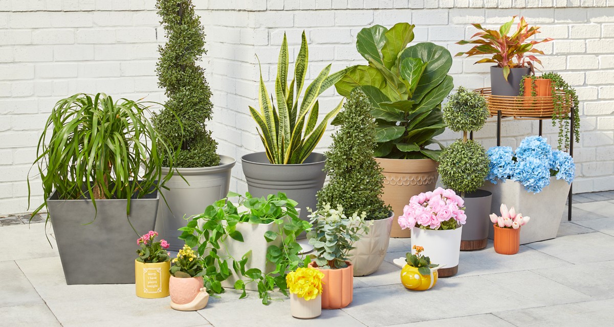 Various colors and designs of pOpshelf outdoor planters, flower pots, and plant stands filled with greenery and flowers on a patio.