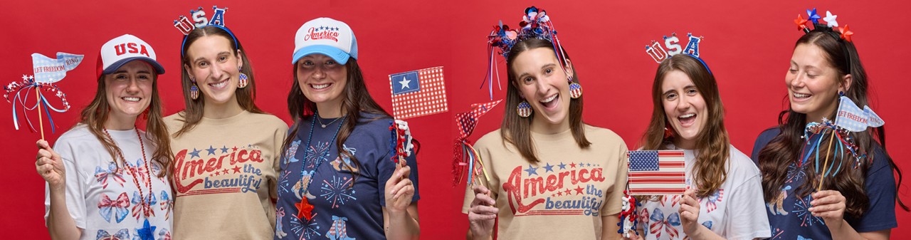 Women wearing red, white & blue patrioc apparel & accessories from pOpshelf: USA trucker hats, patriotic earrings and necklaces, patriotic headbands, patriotic t-shirts, and more.