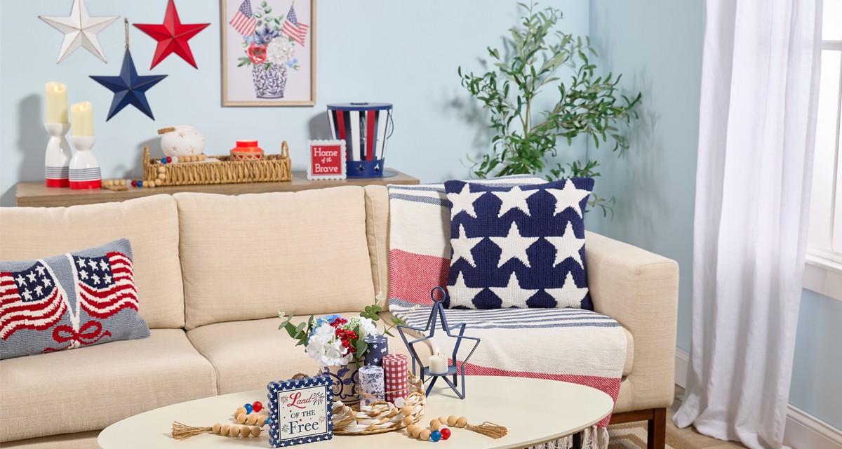 Patriotic home decor from pOpshelf: flag and star pillows, patriotic wall decor, flag decor, metal hanging stars, and more.