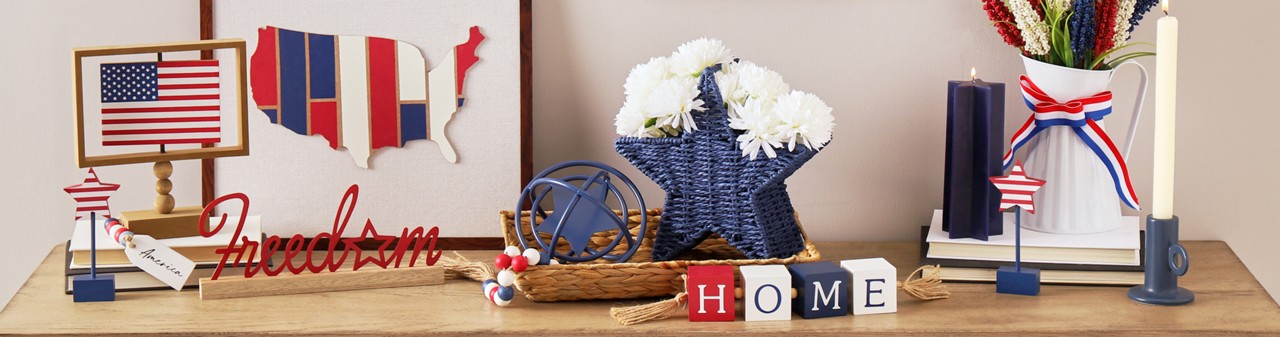 Patriotic home decor from pOpshelf: USA wall decor, flag decor, metal hanging stars, USA wooden garland, and more.
