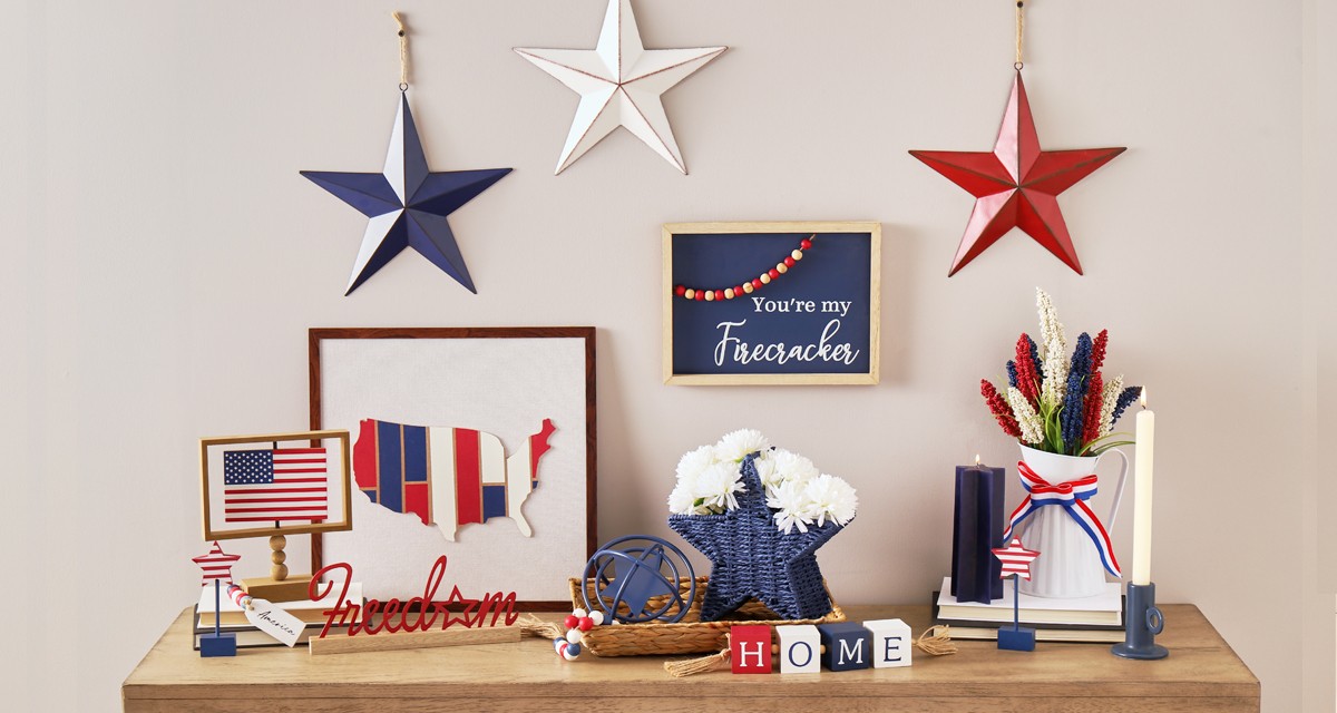 Patriotic home decor from pOpshelf: USA wall decor, flag decor, metal hanging stars, USA wooden garland, and more.