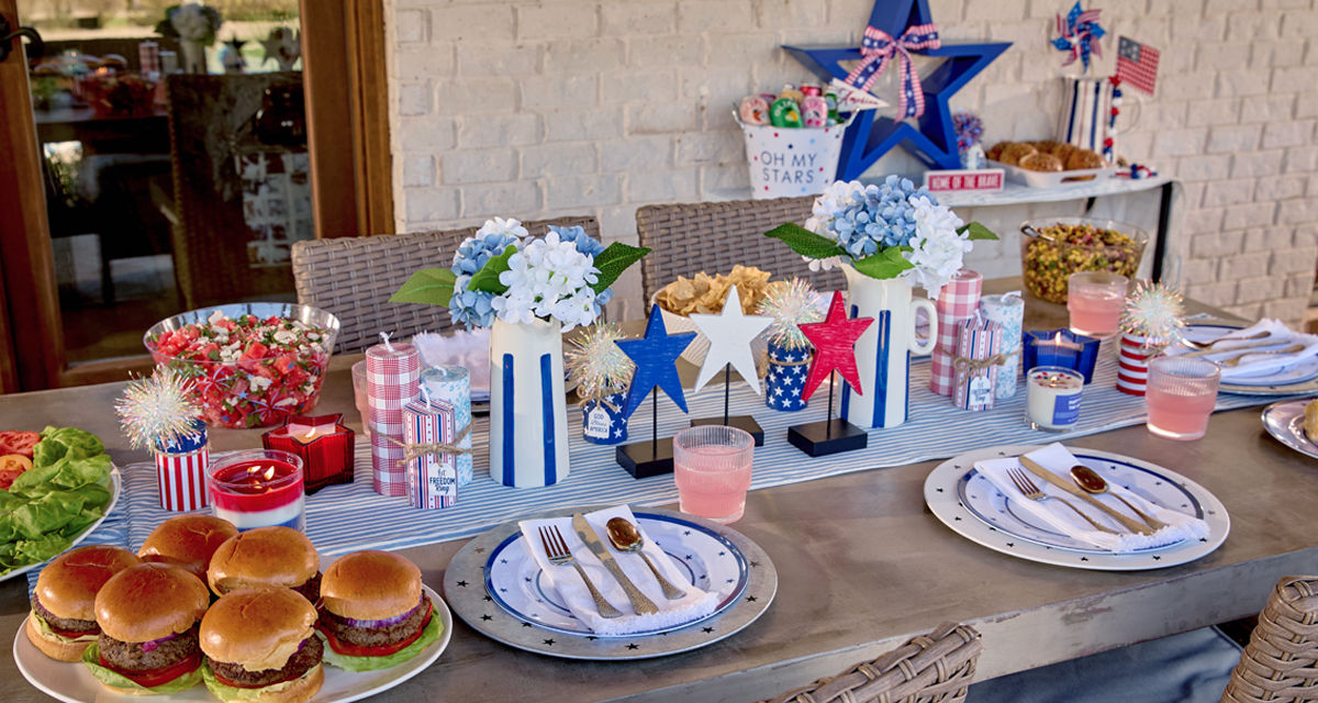 Table set with red, white & blue patriotic party supplies from pOpshelf.