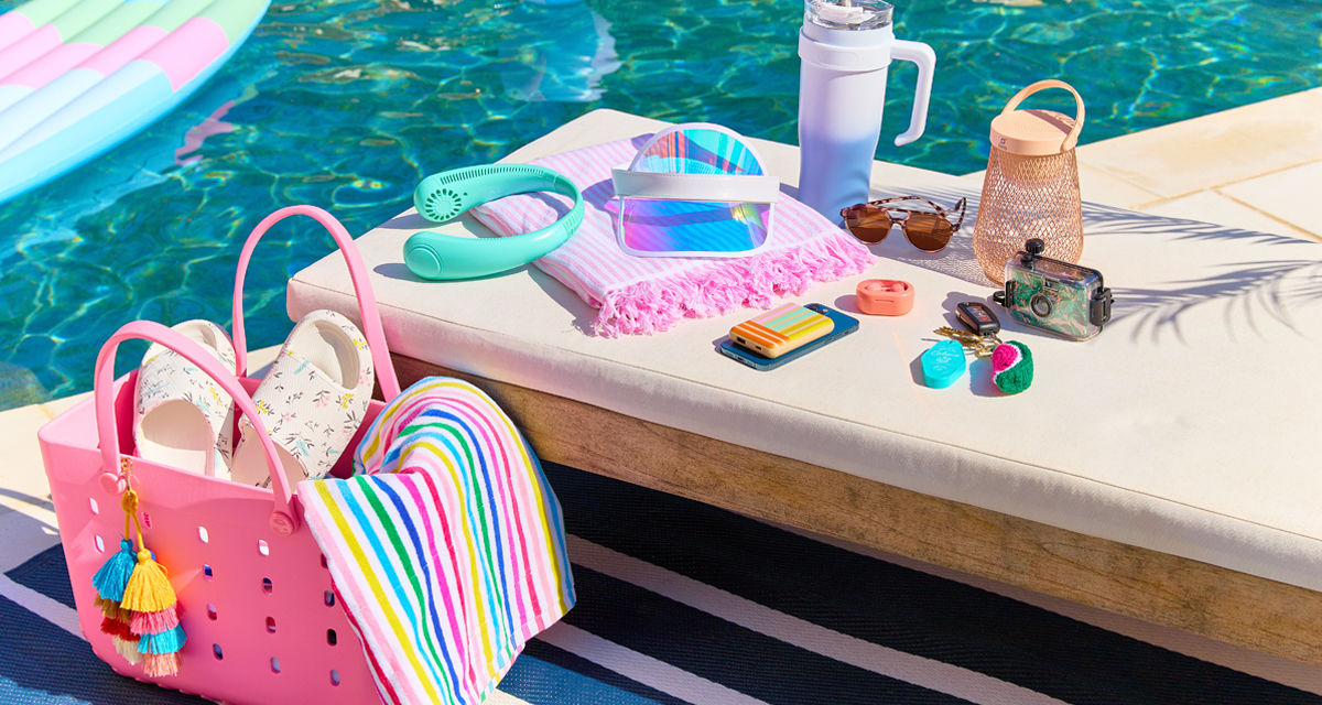 Summer apparel and accessories from pOpshelf: large tote, beach towels, slides, visor, keychain, bag tag & more.