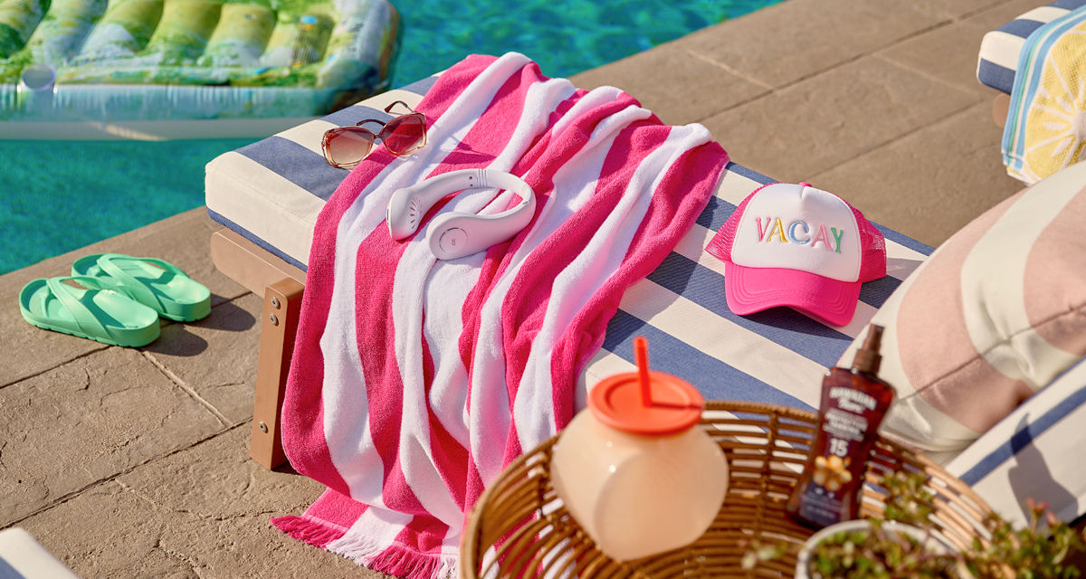 Summer apparel and accessories from pOpshelf: large totes, beach towels, slides, ballcaps, handheld fans & more.