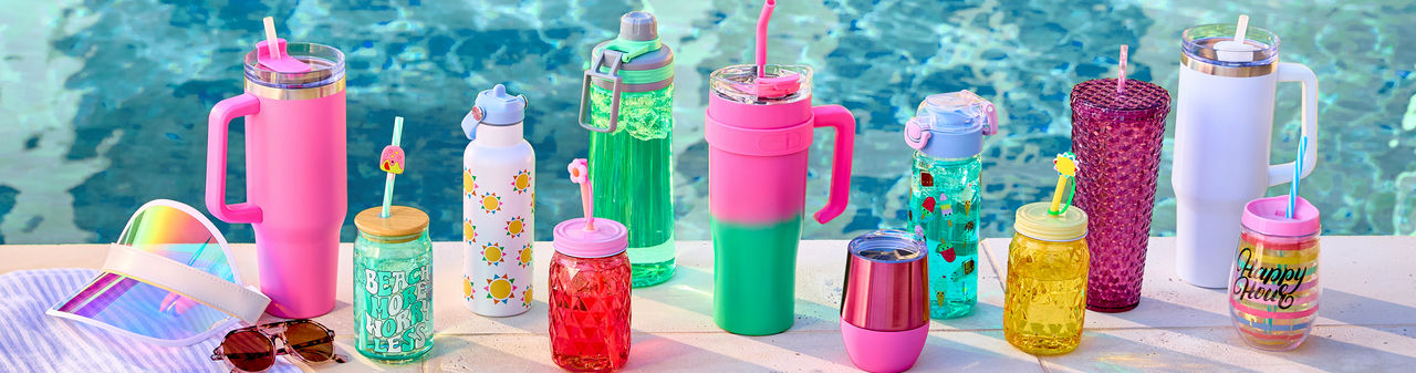 Poolside water bottles in various shapes, sizes, and colors from pOpshelf.