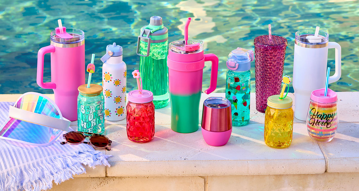 Poolside water bottles in various shapes, sizes, and colors from pOpshelf.