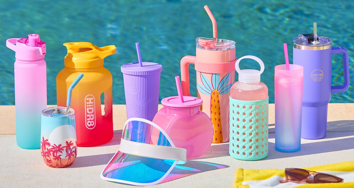 Water bottles from pOpshelf poolside in various shapes, sizes, and colors.