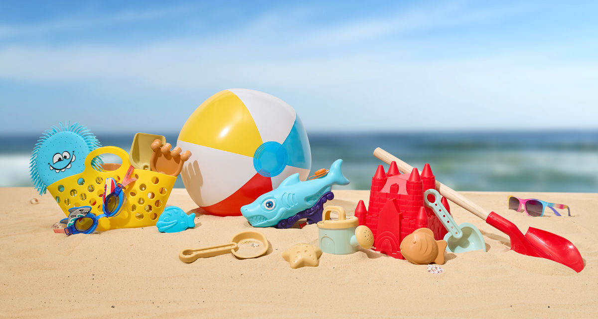 Sand pail, sandcastle bucket, sand sifters, shovels, sand molds, and water toys from pOpshelf.
