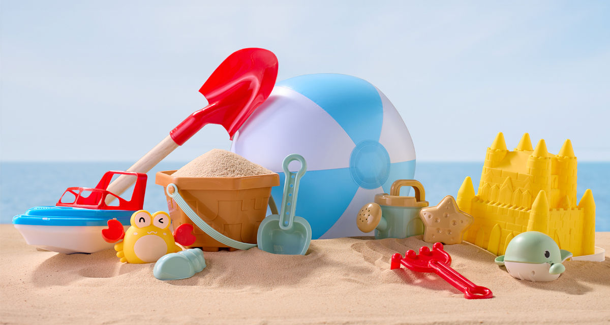 Sand pail, sandcastle bucket, sand sifters, shovels, sand molds, and water toys from pOpshelf.