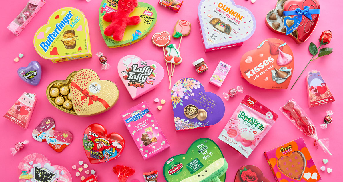 Valentine's candy favorites from pOpshelf: Heart-shaped boxed candy, Reese's cups,  Russell Stover, Ferrero Rocher, conversation hearts, chocolate roses, Sour Patch & more.