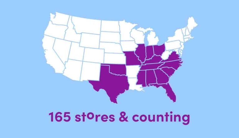Map of USA with states with popshelf stores highlighted, indicating 165 stores and counting