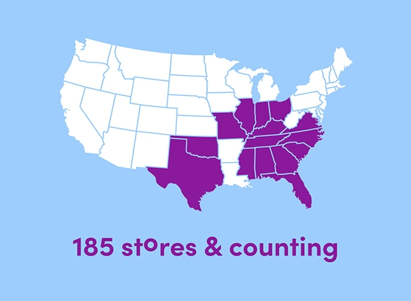 Map of USA with states with popshelf stores highlighted, indicating 185 stores and counting