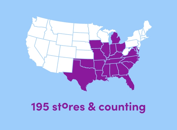 Map of USA with states with popshelf stores highlighted, indicating 195 stores and counting