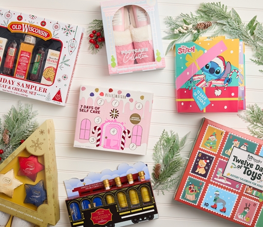 Gift sets from pOpshelf: Lindor Truffles & Mugs, Cheese & Sausage, Footcare Collection, 7 Days of Self Care, Stitch 12 Days of Socks, 12 Days of Pet Toys & more.