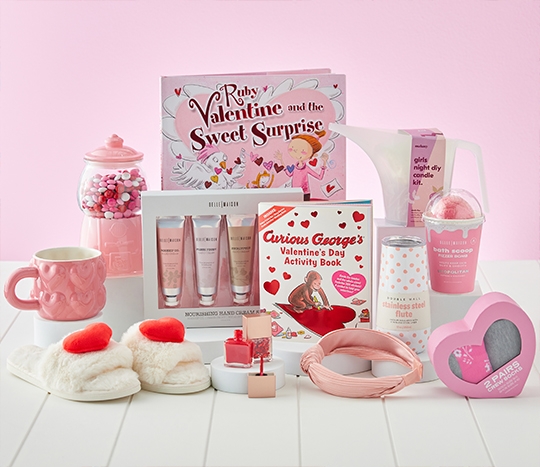Valentine's Day gift ideas: heart slippers, candle-making kit, puffy heart mug, gumball machine, bath bombs & more.