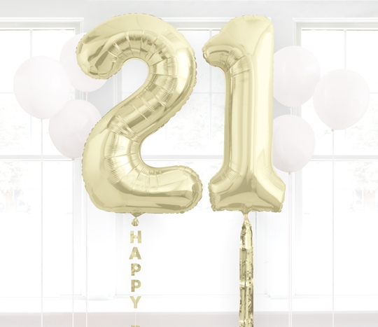 Gold foil 2 and 1 number balloons with attached "Happy"and "Birthday" balloon tails.