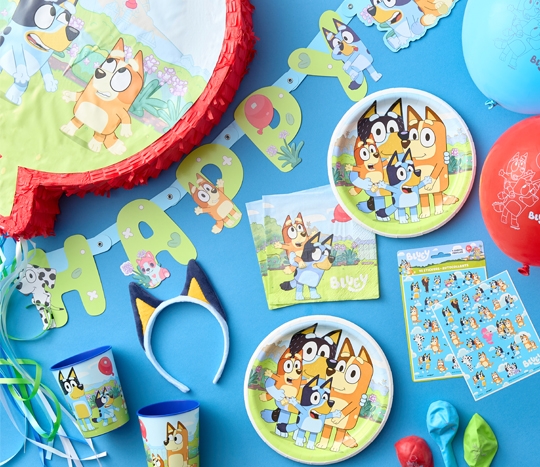 Bluey kids birthday party supplies: plates, napkins, cups, balloons, piñata, letter banner, and party favors.