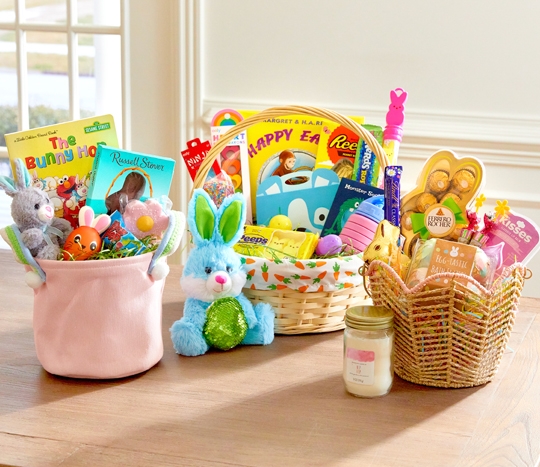 Various Easter basket styles from pOpshelf filled with Easter grass, plush, chocolate bunnies, candy & other baskets stuffers. 