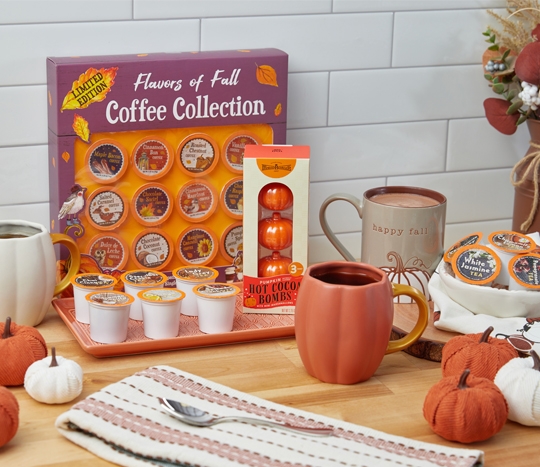 Seasonal coffee and tea sets, pumpkin cocoa bombs, and festive fall. mugs.