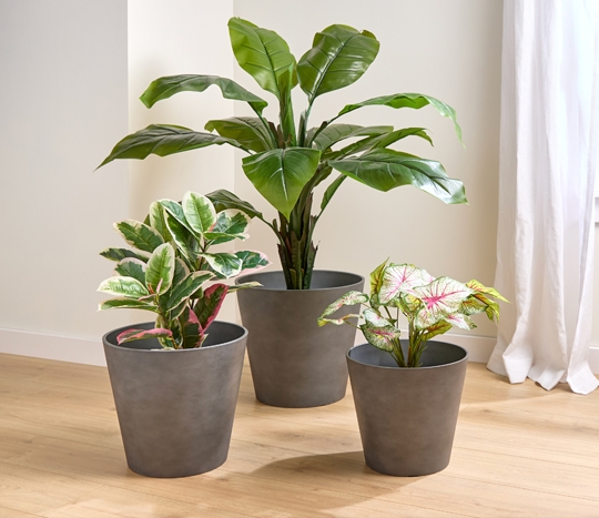 Dark gray round planters in various sizes.