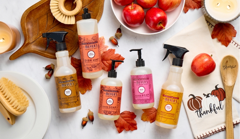 Kitchen counter with Mrs. Meyer's multi-surface cleaner, dish soap, and hand soap in fall leaves, acorn, mum, and apple cider scents.