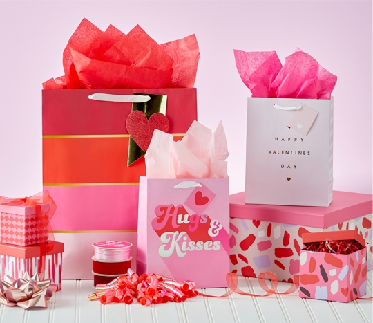 Various Valentine's Day gift bags, pink and red tissue paper, valentine's day boxes, and valentine's bows and ribbon from pOpshelf. 