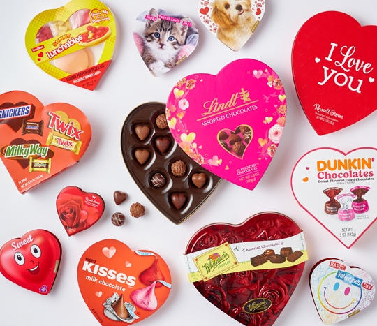 Heart-shaped boxed chocolates and candies in various sizes and designs for your valentine: Russell Stover, Lindt, Whitman's, Hershey's, Dunkin' chocolates & more.