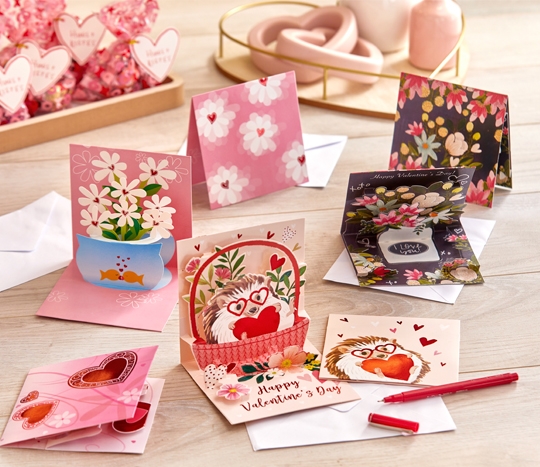 Valentine's pop-up greeting cards in various adorable designs from pOpshelf: fishbowl flowers, hedgehog, daisies, and more.