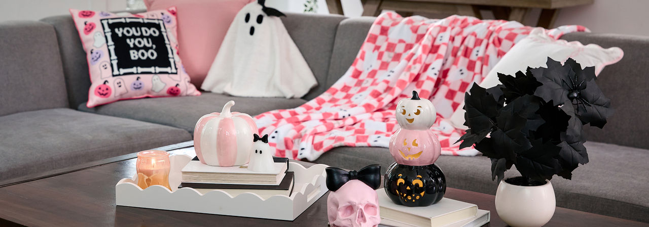 Livingroom decorated for summerween with pOpshelf's spooky-fun bootiful collection.