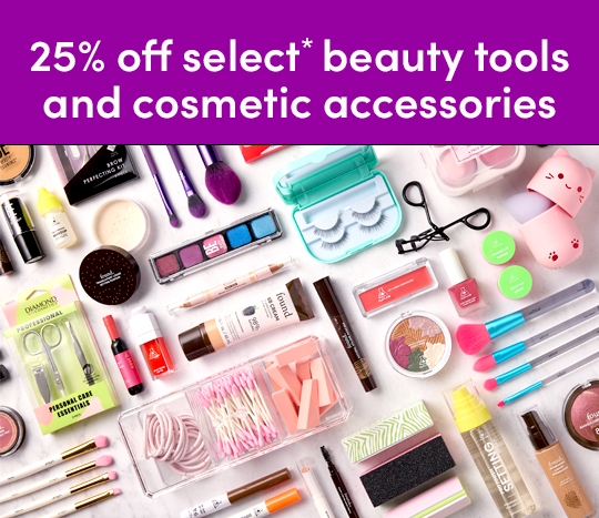 In stores only 12/19 - 12/24: 25% off select beauty tools and cosmetic accessories. Includes Diamond, MODA, Beauty Essentials, Miss A, Found, Believe & Mayim. Exclusions apply; inventory varies by store. See a store team member for details.